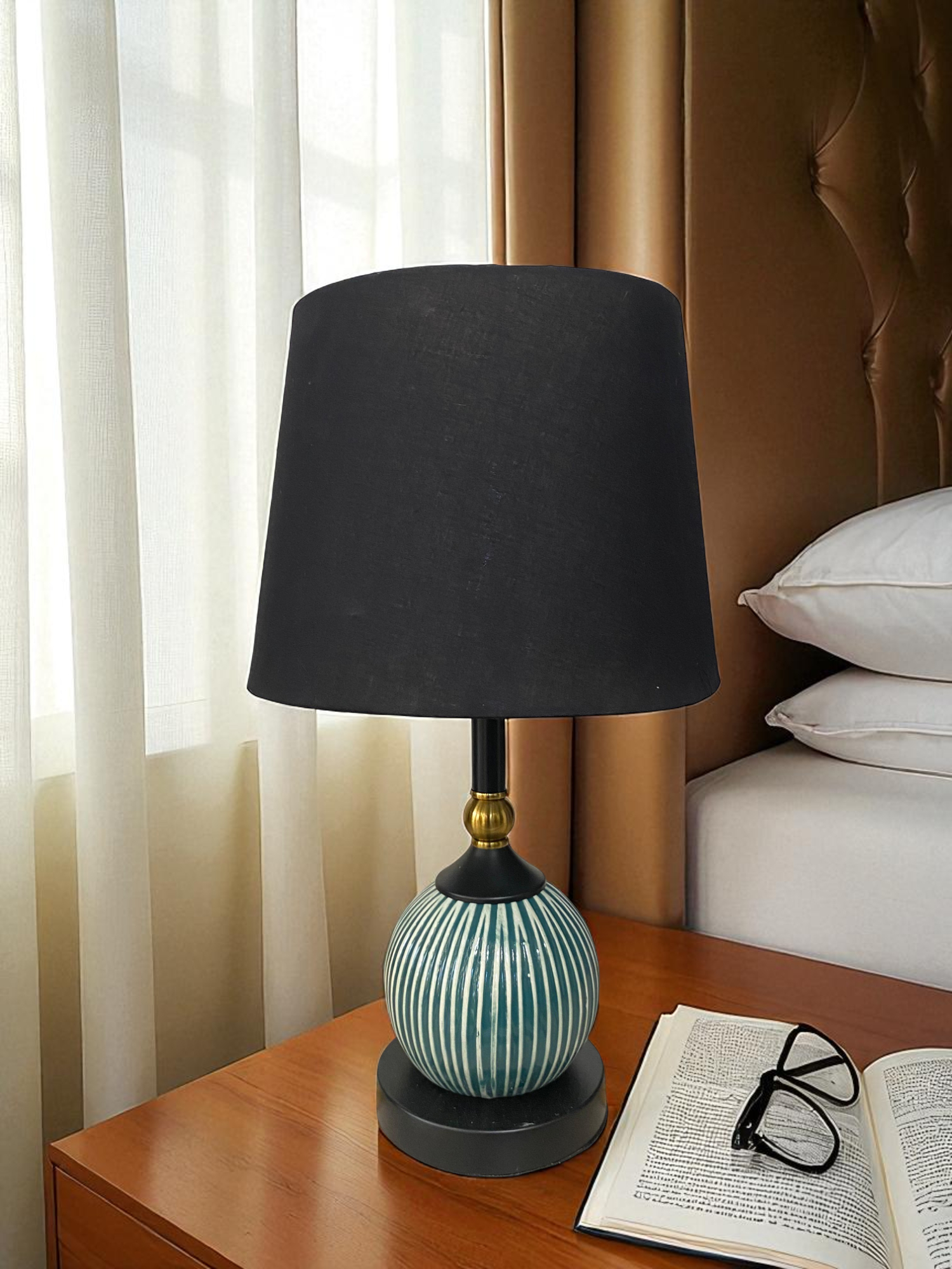Striped Teal Ceramic Table Lamp