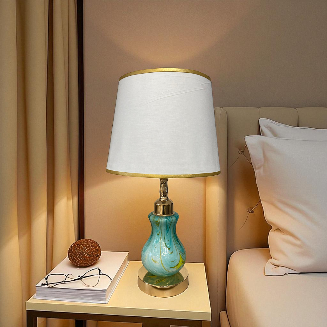 Turquoise Swirl Rose Gold Glass Side Table Lamp