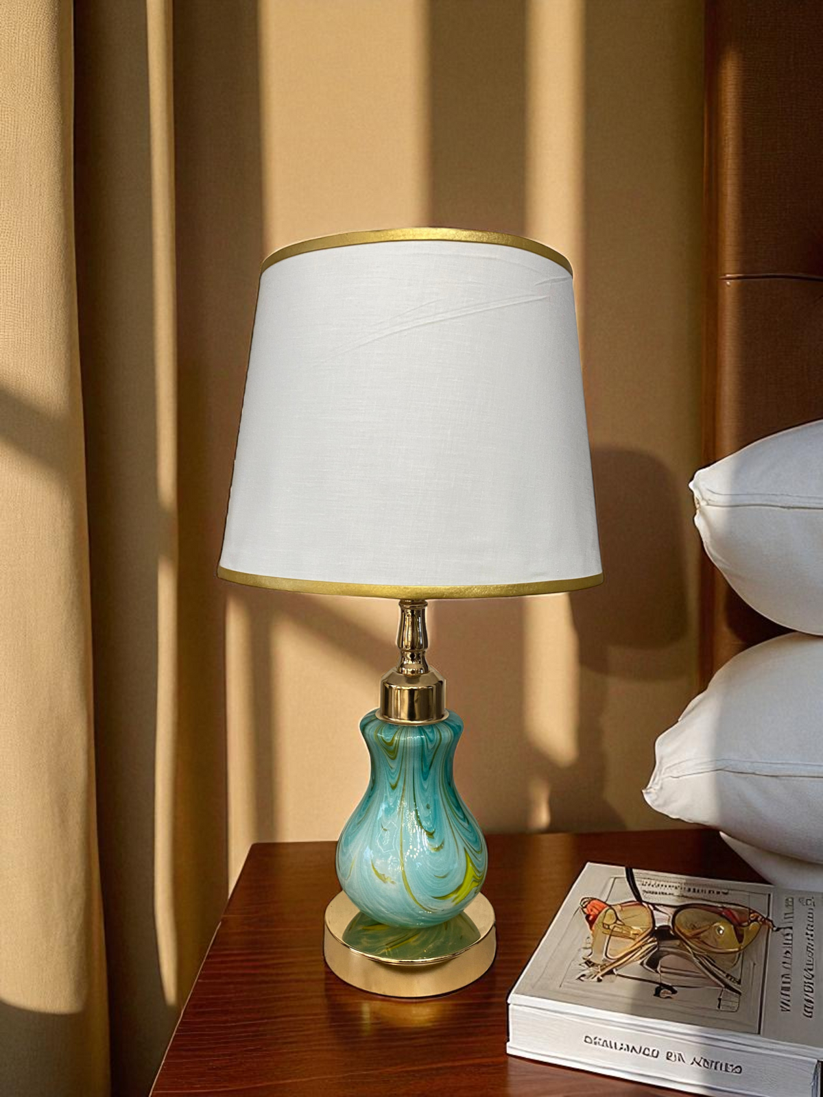 Turquoise Swirl Rose Gold Glass Side Table Lamp