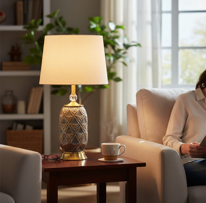 Engraved Ceramic Side Table Lamp