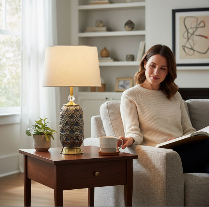 Engraved Ceramic Side Table Lamp