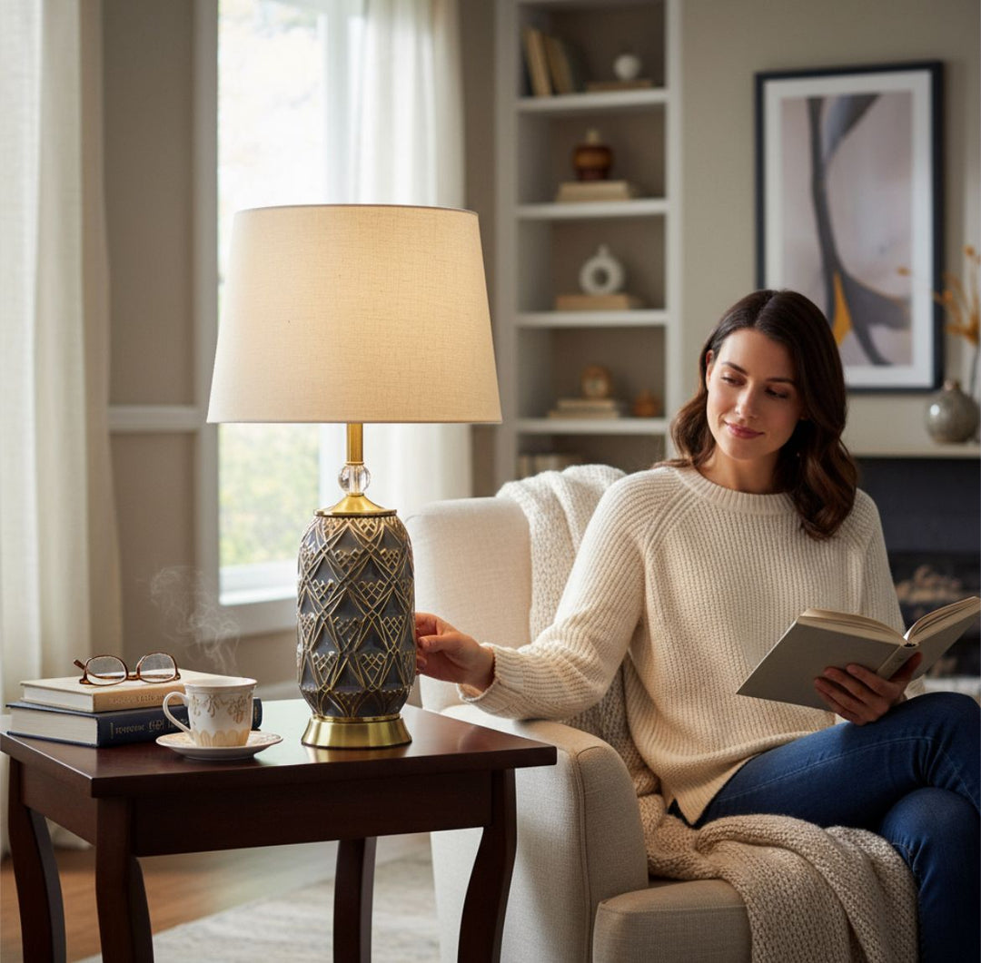 Engraved Ceramic Side Table Lamp