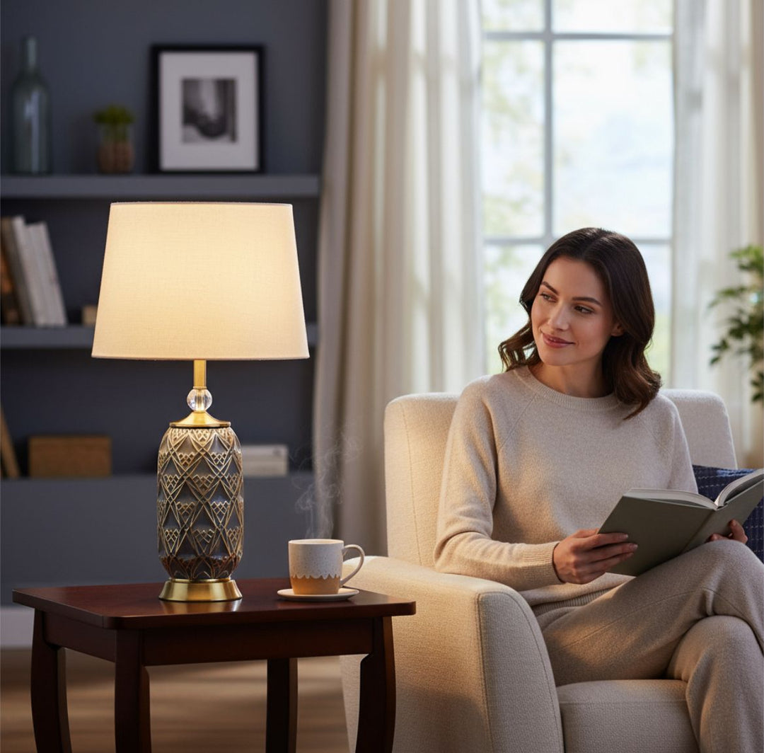 Engraved Ceramic Side Table Lamp