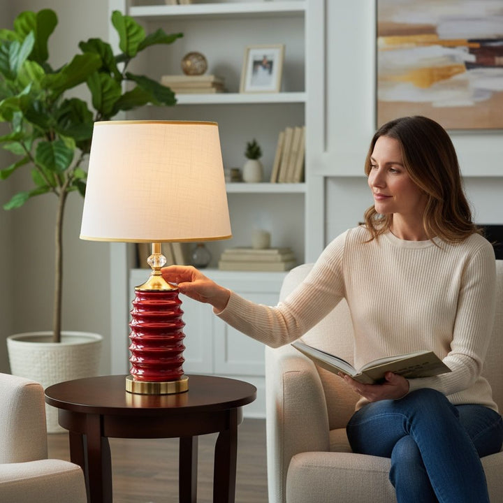 Crimson Ribbed Ceramic Lamp