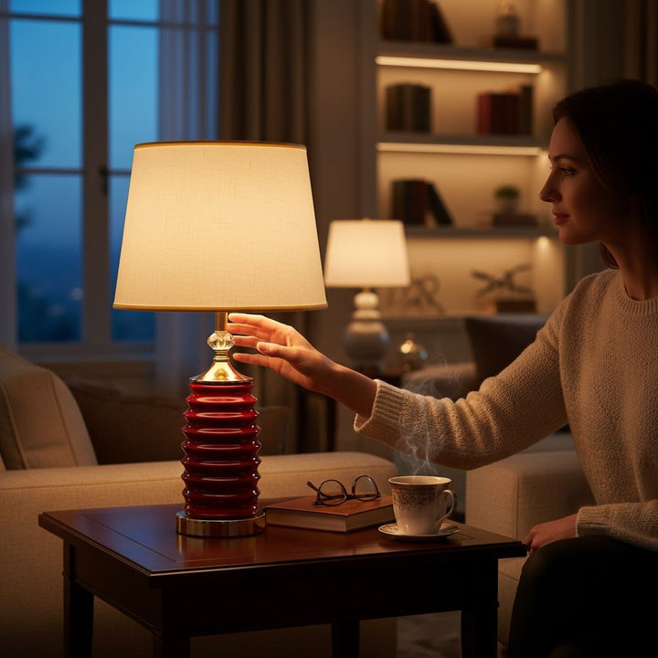 Crimson Ribbed Ceramic Lamp