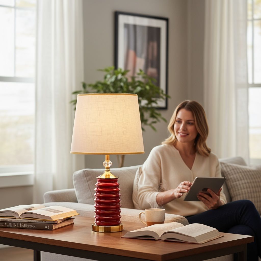 Crimson Ribbed Ceramic Lamp