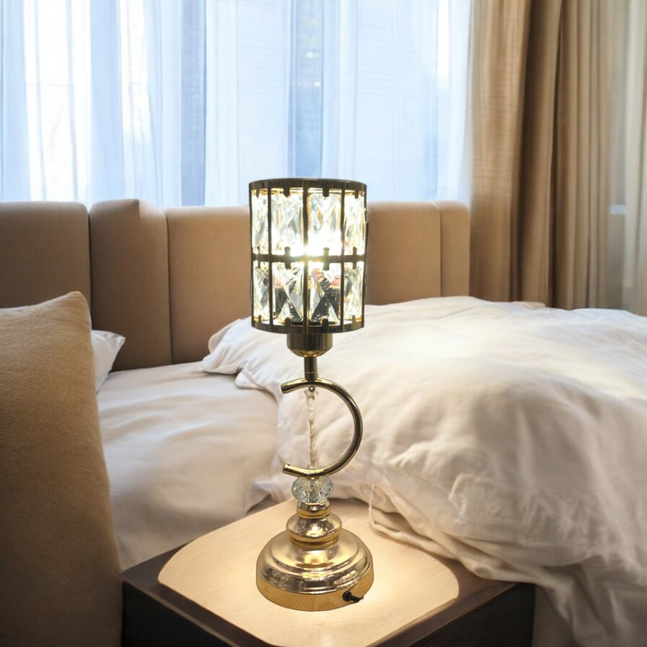 Modern Metallic LED Side Table Lamp with Crystal Accents