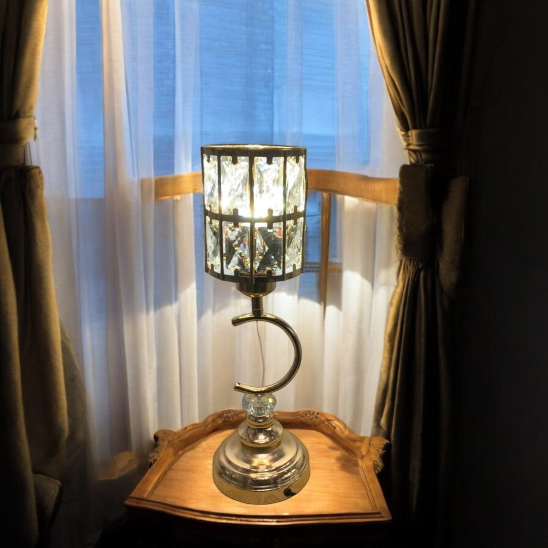 Modern Metallic LED Side Table Lamp with Crystal Accents