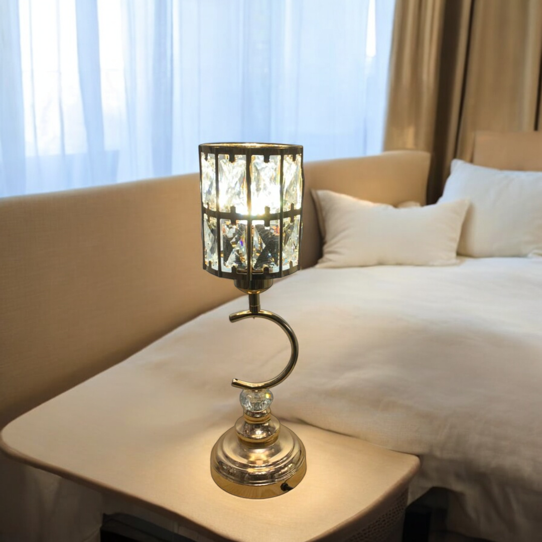Modern Metallic LED Side Table Lamp with Crystal Accents