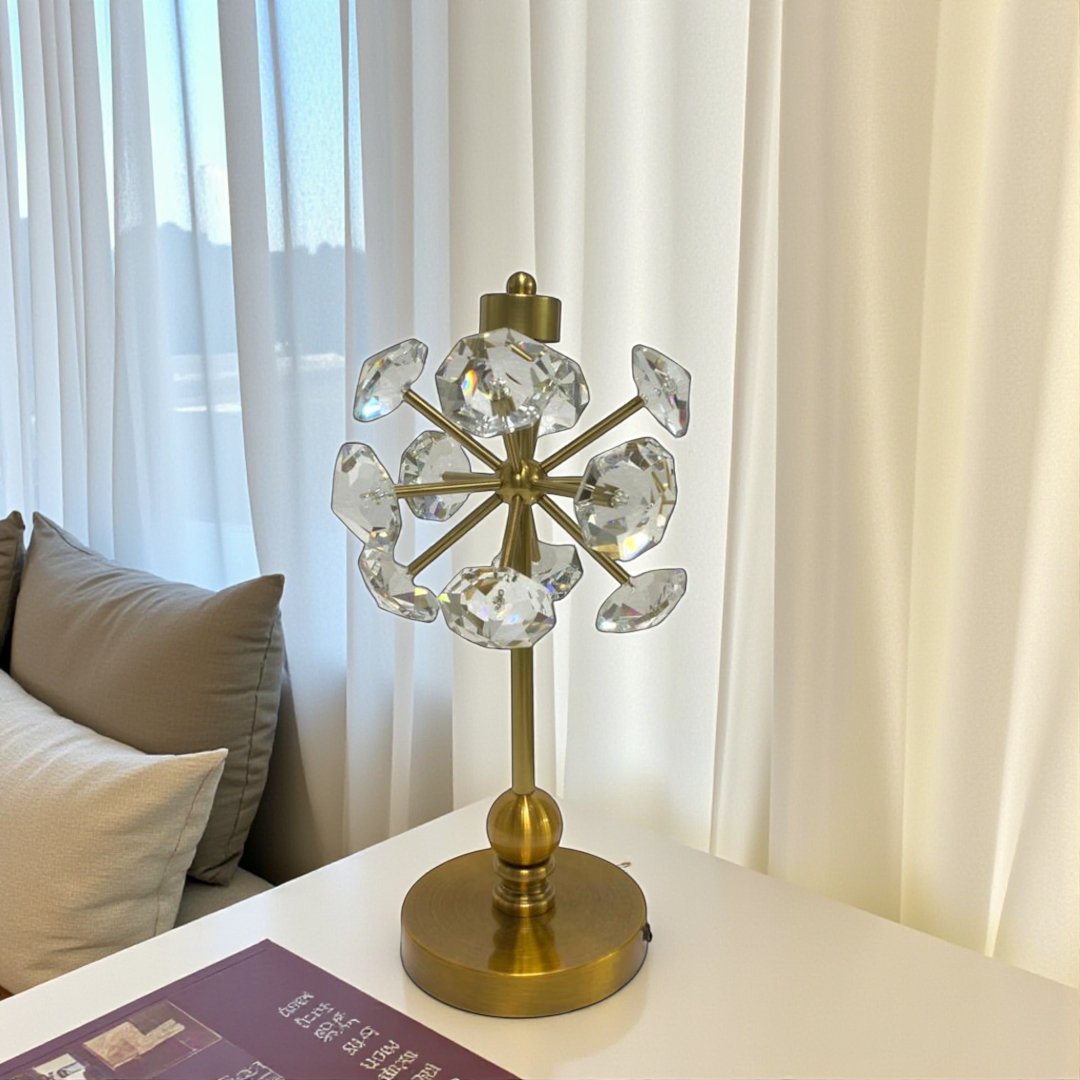 Vintage Brass & Crystal Lotus Side Table Lamp