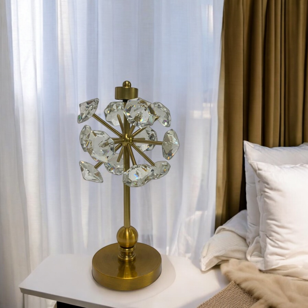 Vintage Brass & Crystal Lotus Side Table Lamp