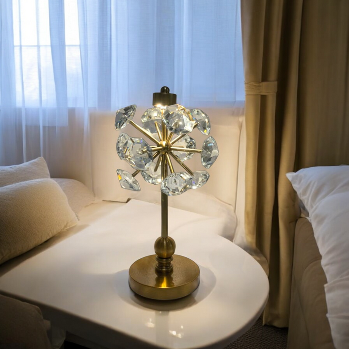 Vintage Brass & Crystal Lotus Side Table Lamp