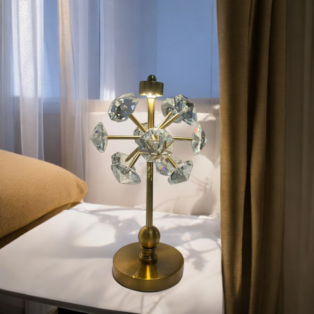 Vintage Brass & Crystal Lotus Side Table Lamp