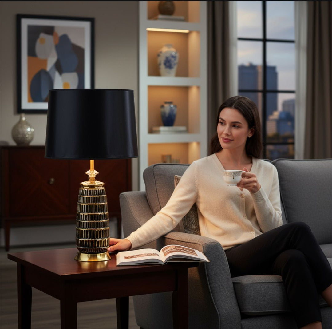 Black & Gold Textured Ceramic Lamp