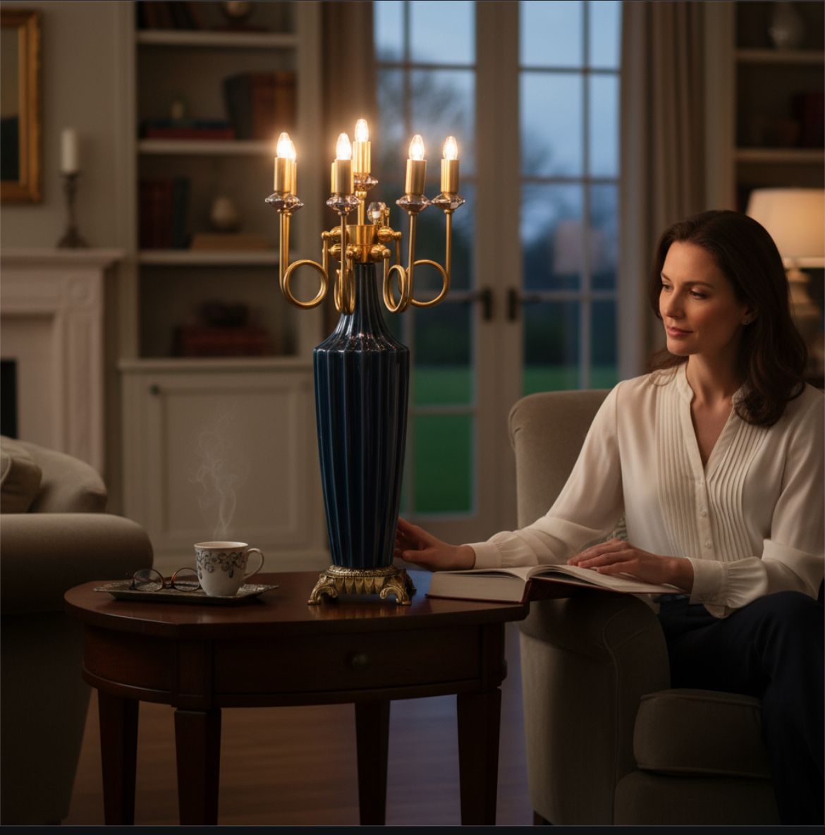 Vintage Ceramic & Gilded Brass Side Table Lamp