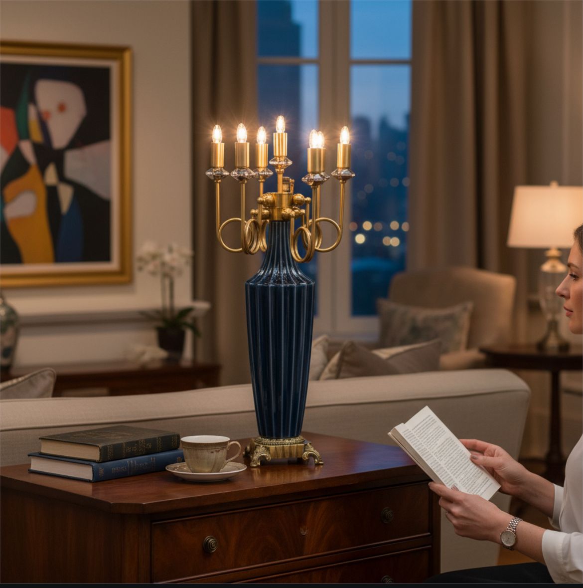 Vintage Ceramic & Gilded Brass Side Table Lamp