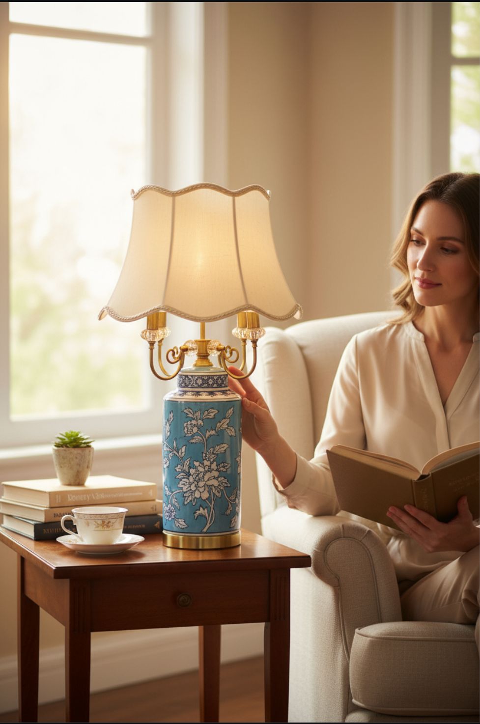 Oriental Azure Blue Floral Porcelain Table Lamp