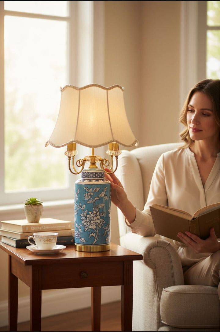 Oriental Azure Blue Floral Porcelain Table Lamp