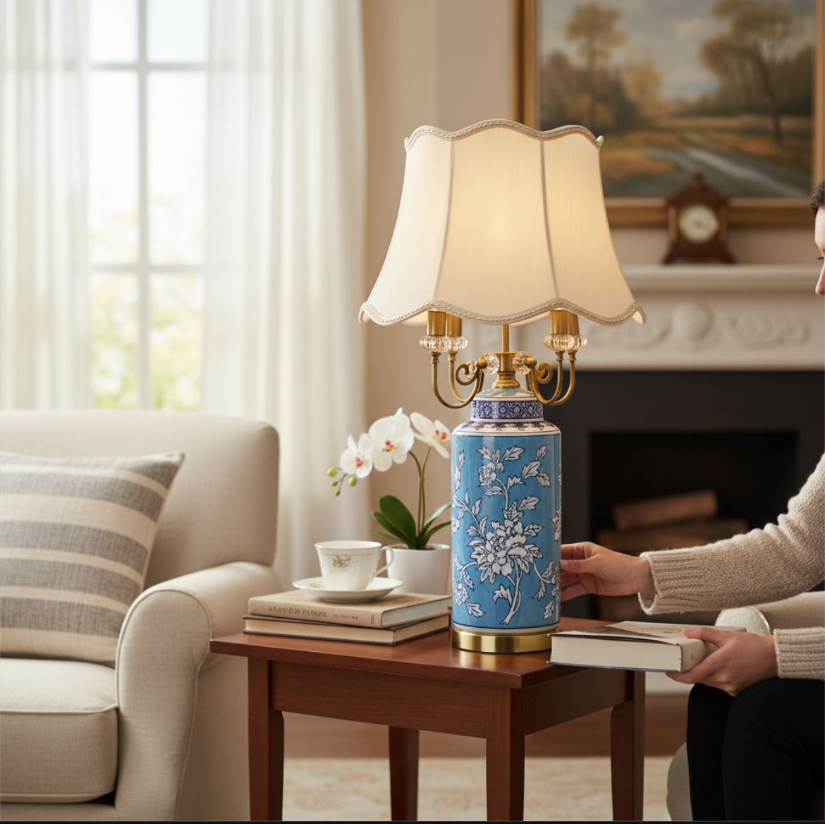 Oriental Azure Blue Floral Porcelain Table Lamp