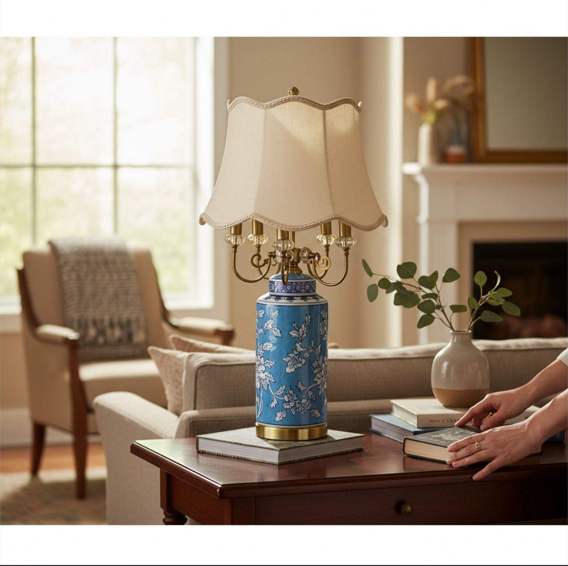 Oriental Azure Blue Floral Porcelain Table Lamp