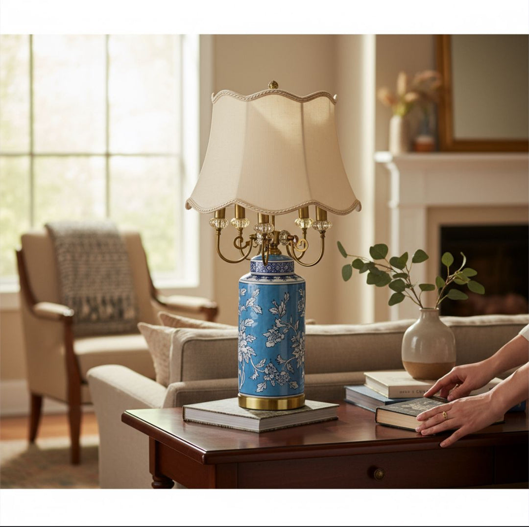 Oriental Azure Blue Floral Porcelain Table Lamp