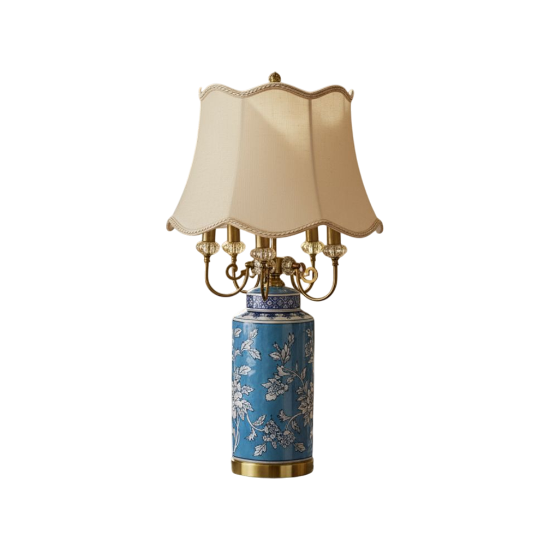 Oriental Azure Blue Floral Porcelain Table Lamp