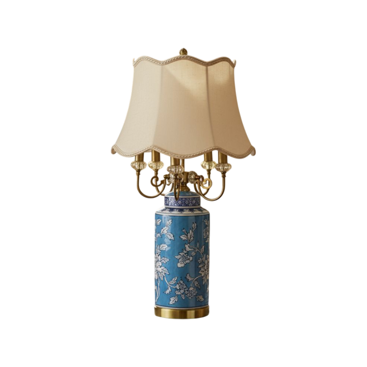 Oriental Azure Blue Floral Porcelain Table Lamp