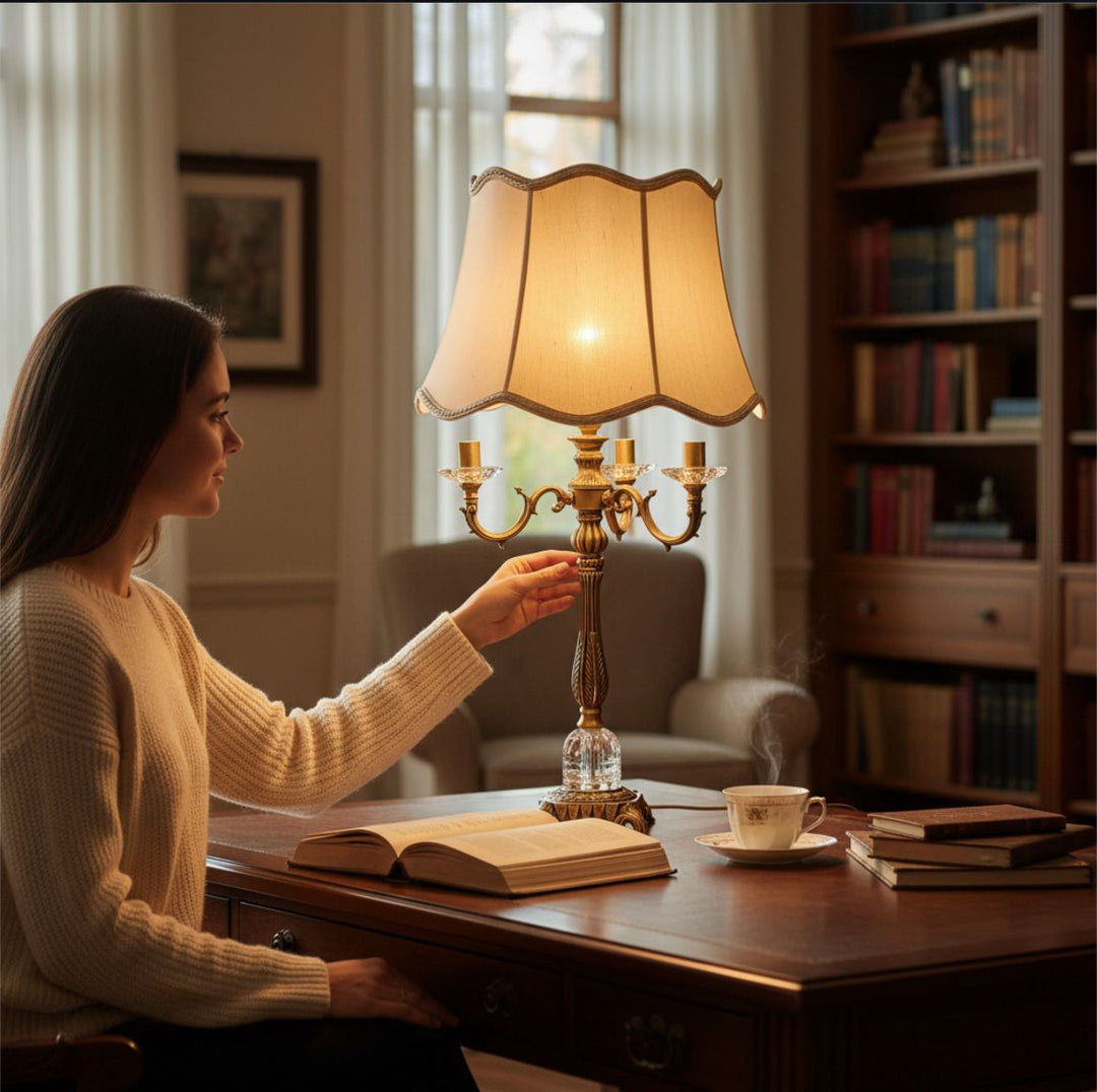 Vintage Heavy Brass & Crystal Lotus Side Table Lamp