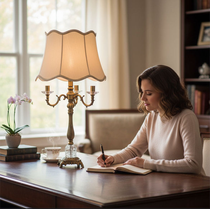 Vintage Heavy Brass & Crystal Lotus Side Table Lamp