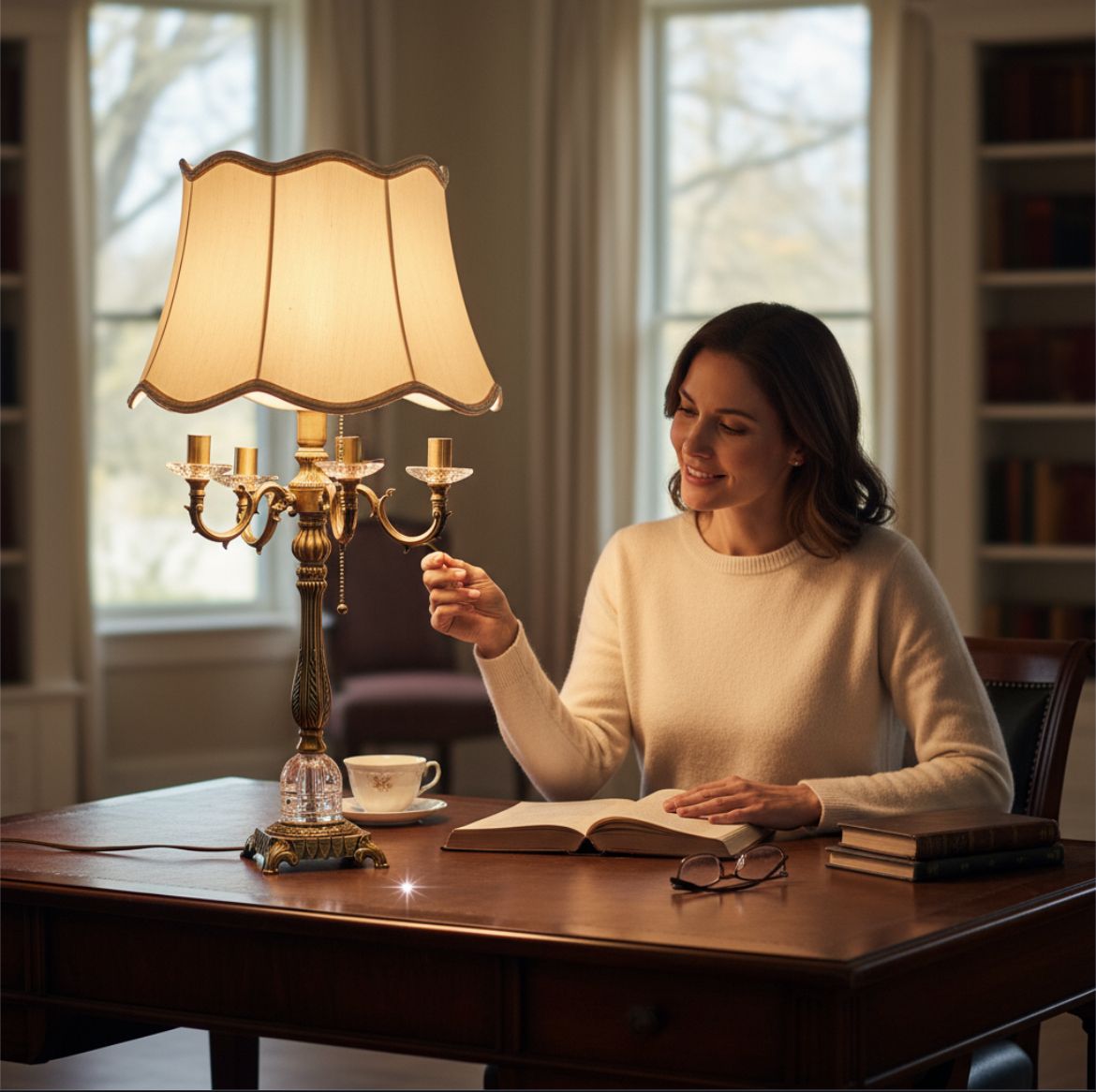 Vintage Heavy Brass & Crystal Lotus Side Table Lamp