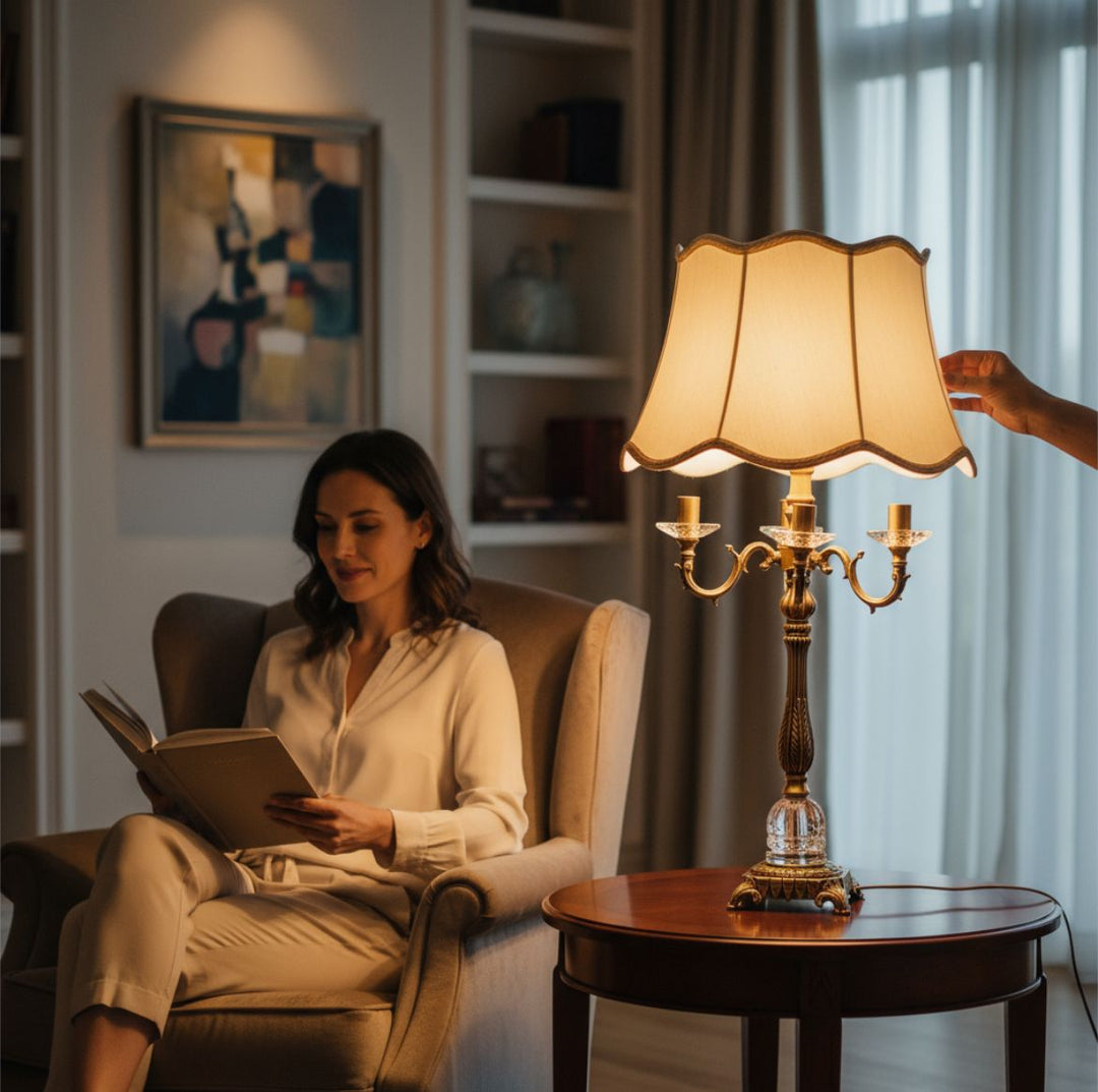 Vintage Heavy Brass & Crystal Lotus Side Table Lamp