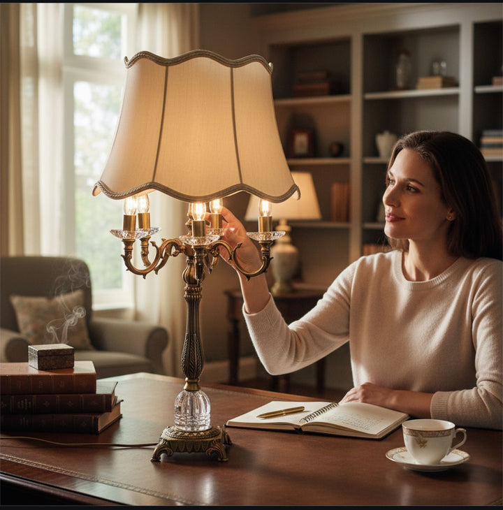 Vintage Heavy Brass & Crystal Lotus Side Table Lamp