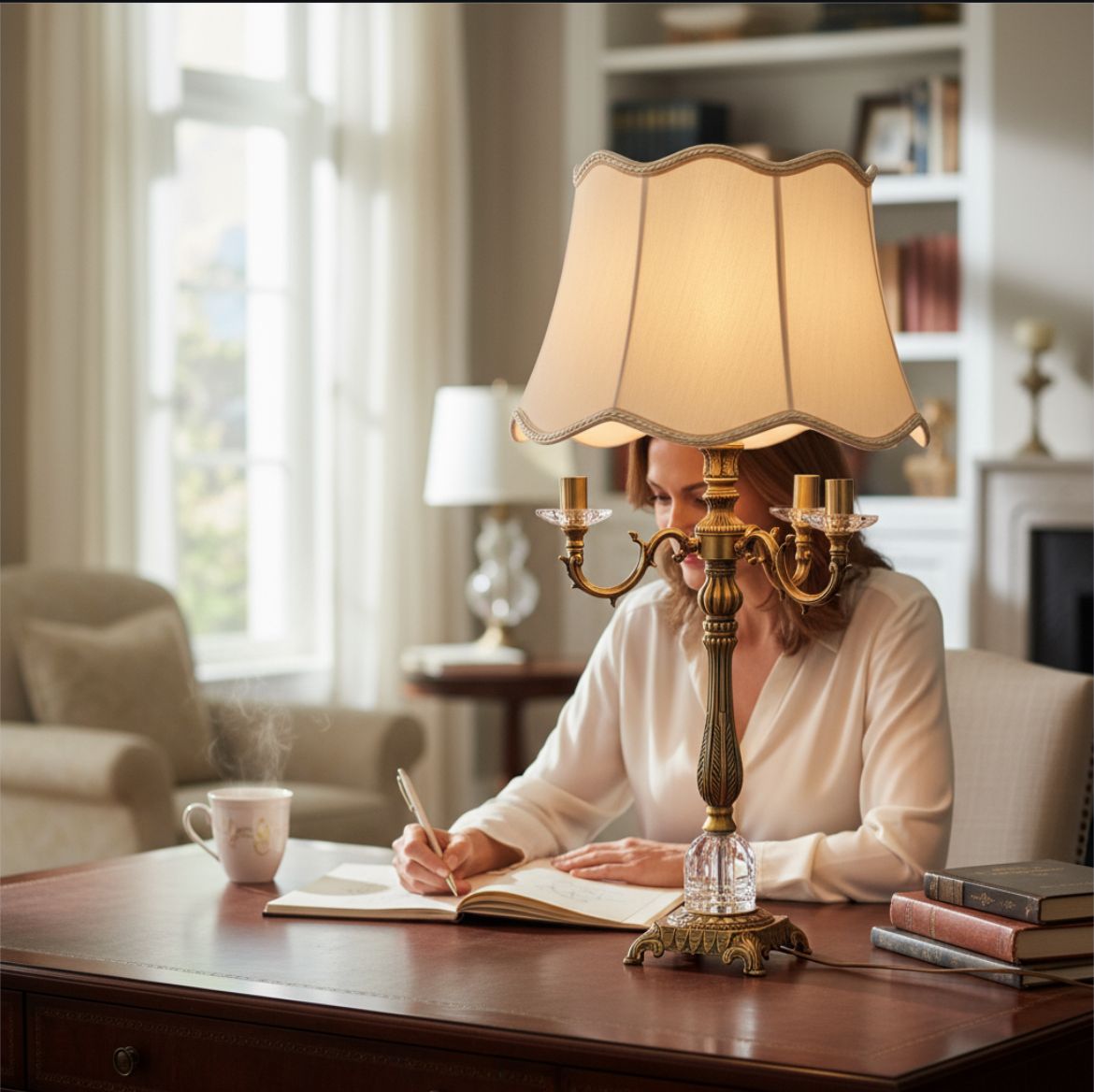 Vintage Heavy Brass & Crystal Lotus Side Table Lamp