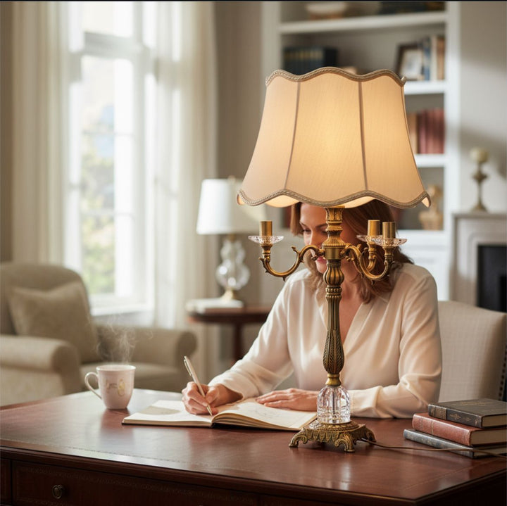 Vintage Heavy Brass & Crystal Lotus Side Table Lamp