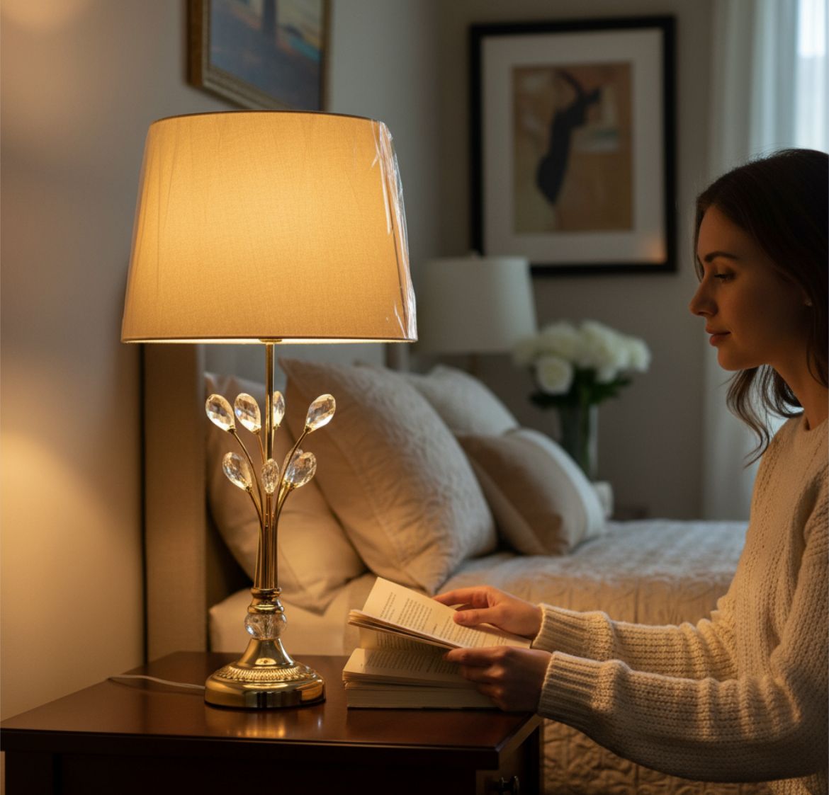 Modern Metallic Side Table Lamp with Crystal Accents