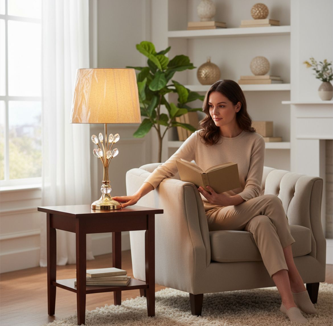 Modern Metallic Side Table Lamp with Crystal Accents