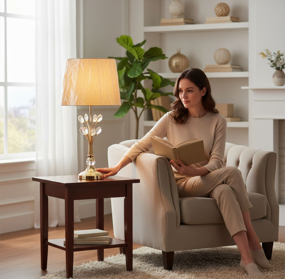 Modern Metallic Side Table Lamp with Crystal Accents
