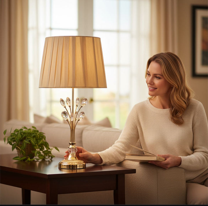 Modern Metallic Side Table Lamp with Crystal Accents