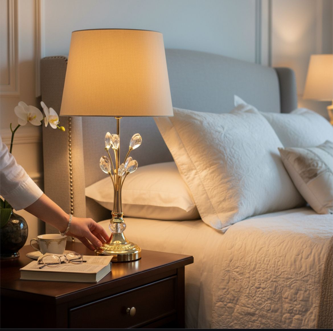 Modern Metallic Side Table Lamp with Crystal Accents