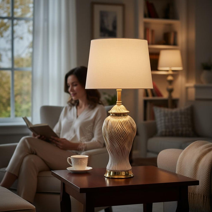 Gold-Accented Wave-Pattern Ceramic Lamp