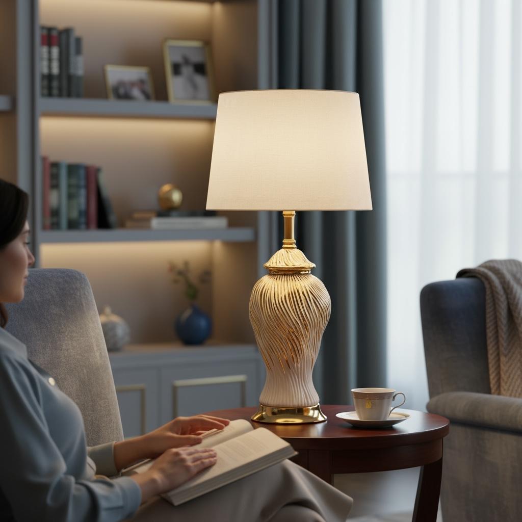 Gold-Accented Wave-Pattern Ceramic Lamp