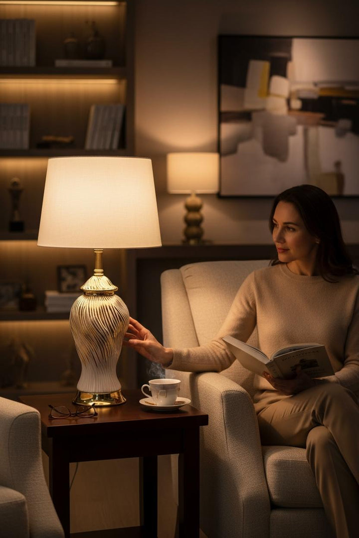 Gold-Accented Wave-Pattern Ceramic Lamp