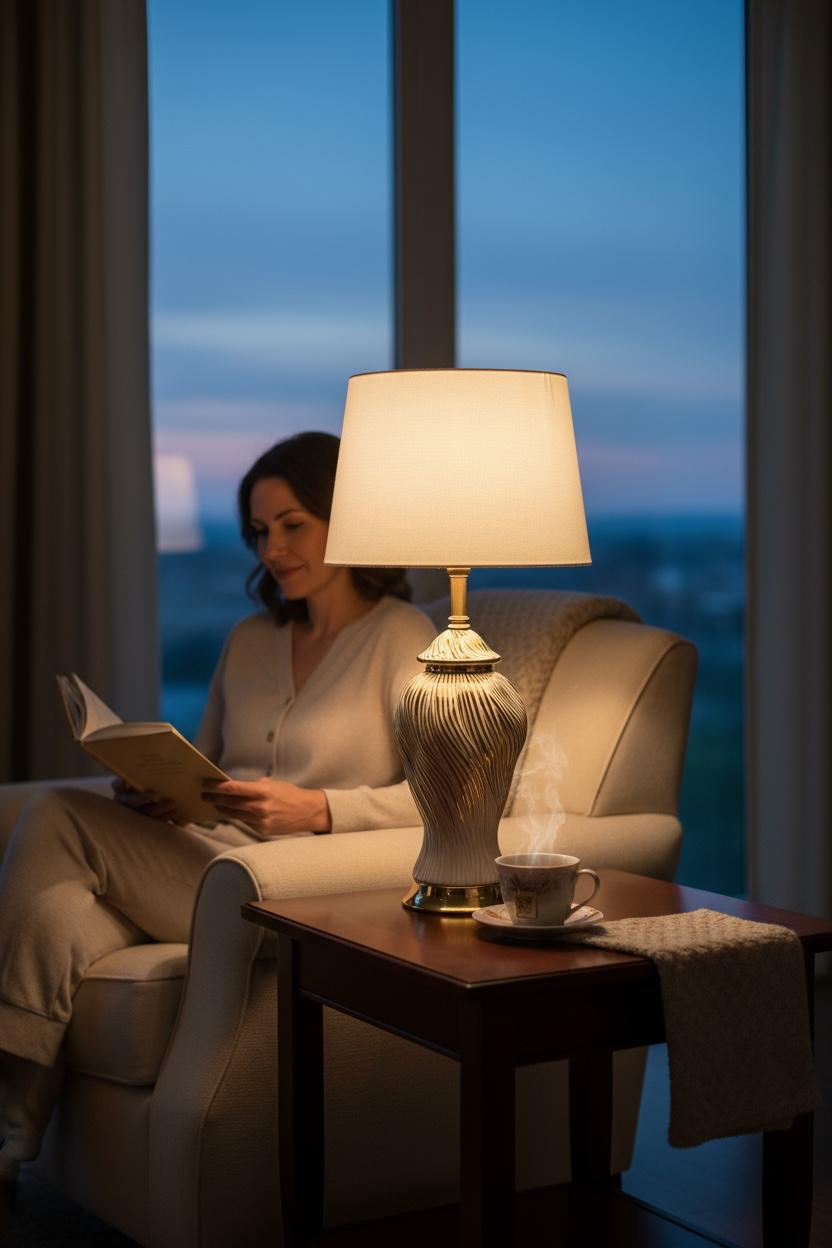 Gold-Accented Wave-Pattern Ceramic Lamp