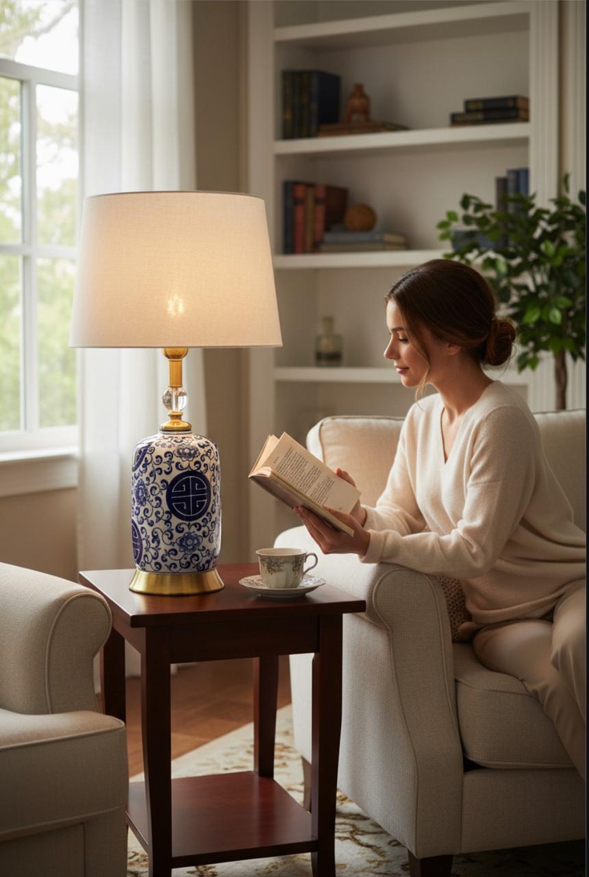 Oriental Chinese Blue Pottery Ceramic Lamp