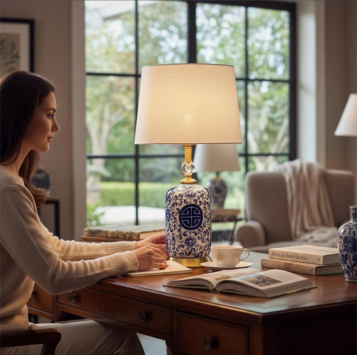 Oriental Chinese Blue Pottery Ceramic Lamp