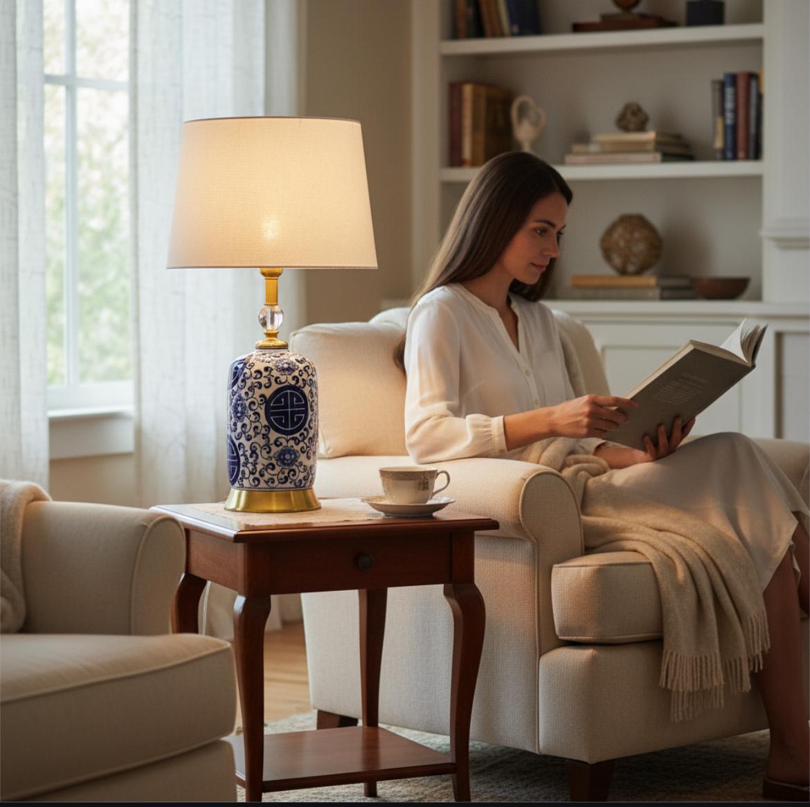 Oriental Chinese Blue Pottery Ceramic Lamp