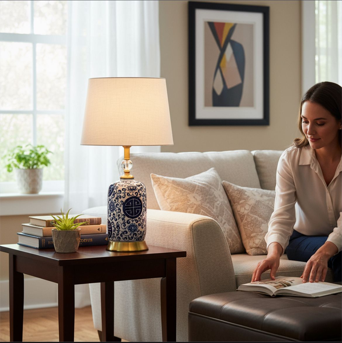Oriental Chinese Blue Pottery Ceramic Lamp