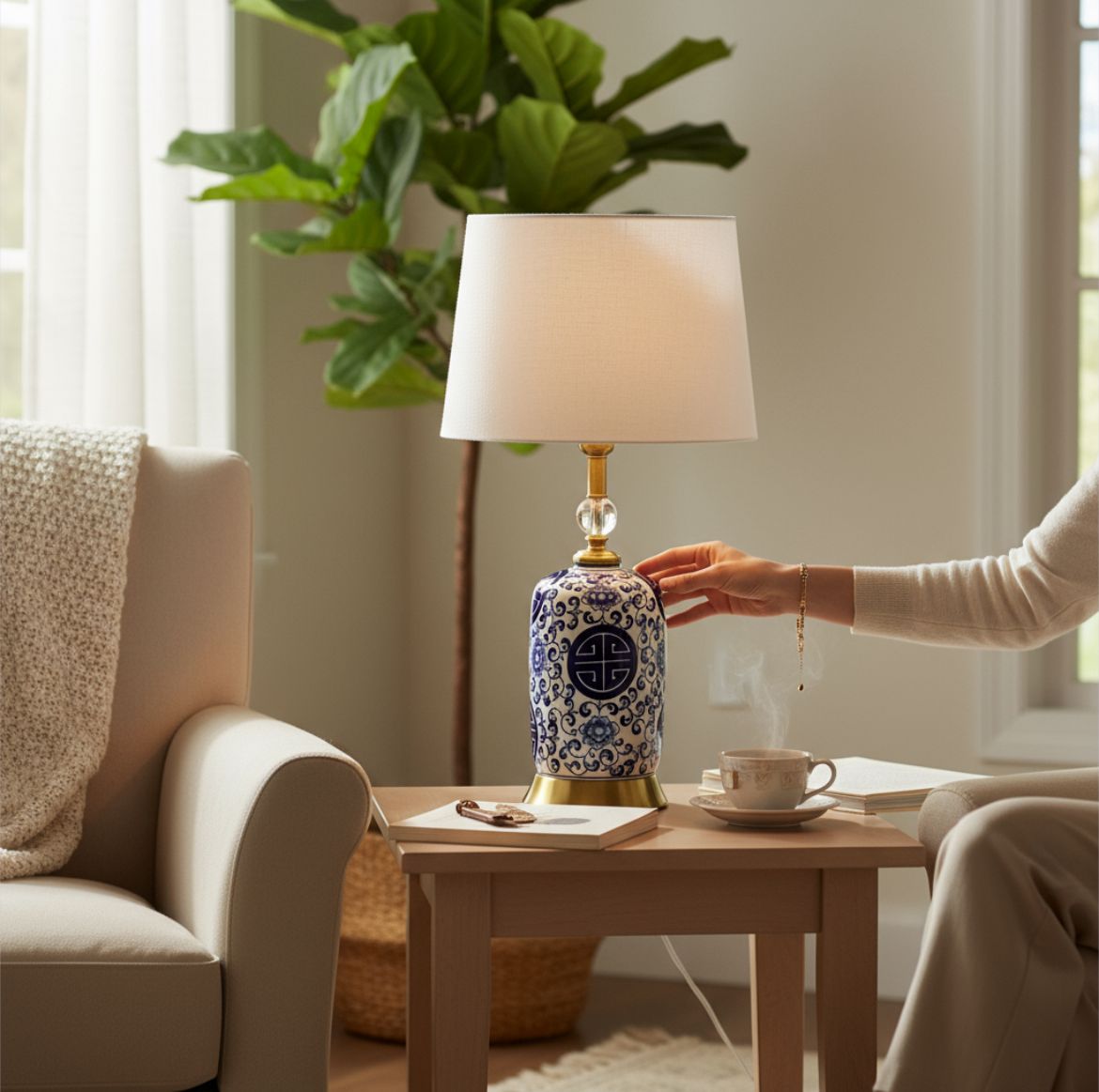 Oriental Chinese Blue Pottery Ceramic Lamp