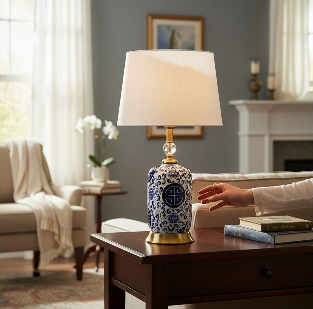 Oriental Chinese Blue Pottery Ceramic Lamp