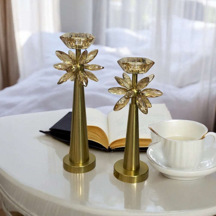 Vintage Brass Lotus Crystal Candle Holders